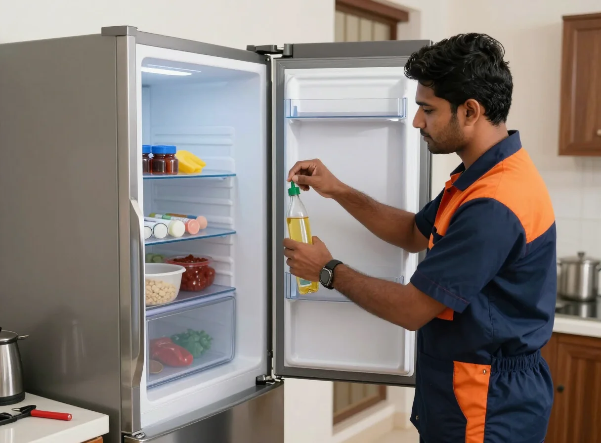 Technician servicing an open refrigerator