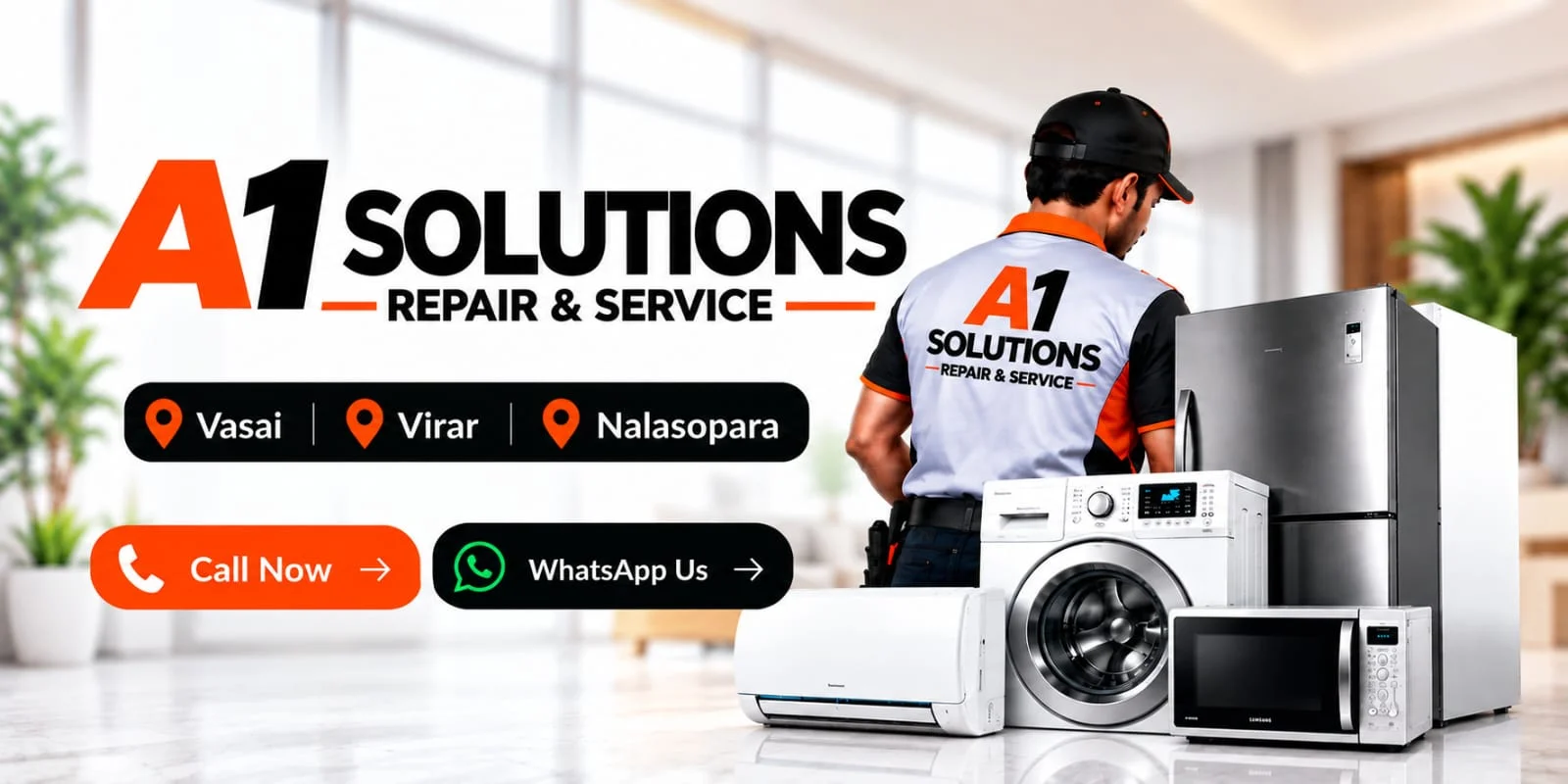 A1 Solutions Repair and Service. Vasai, Virar and Nalasopara. Technician with split AC, refrigerator, washing machine and microwave.