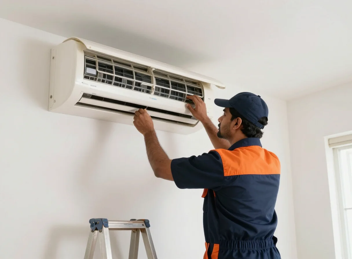Professional AC technician servicing a split air conditioner in a Nalasopara home